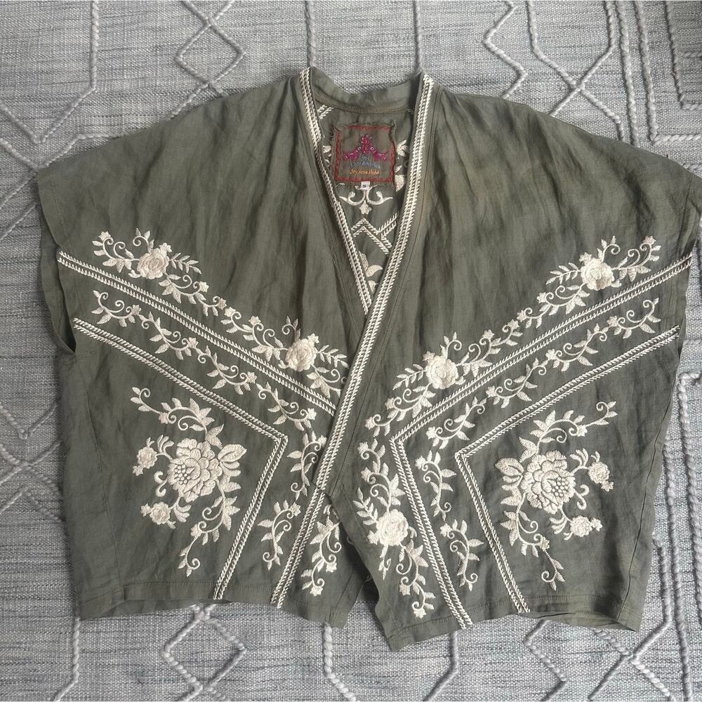 Johnny Was Embroidered linen kimono Open Cardigan Bolero Top Sz S Olive cream